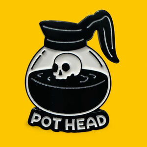 Pot Head Skull Cauldron Enamel Pin Gothic Witch Coffee Addict Lapel Badge 1.25”